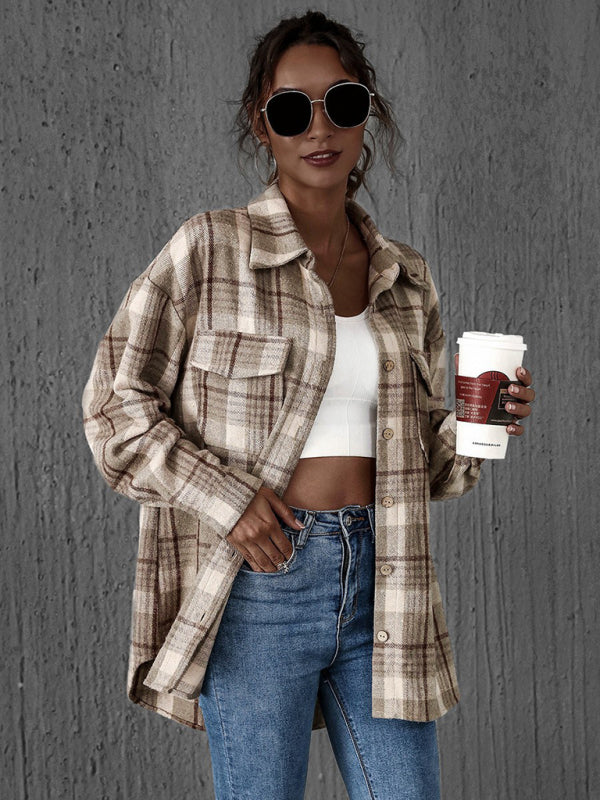 Shackets- Oversized Casual Warm Tan Plaid Shacket Flannel Shirt Jacket- - Pekosa Women Clothing