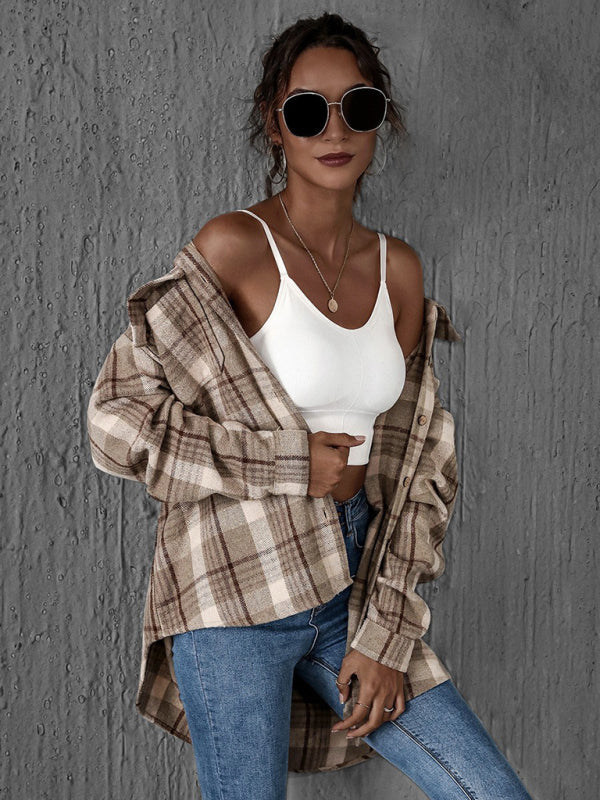 Shackets- Oversized Casual Warm Tan Plaid Shacket Flannel Shirt Jacket- - Pekosa Women Clothing