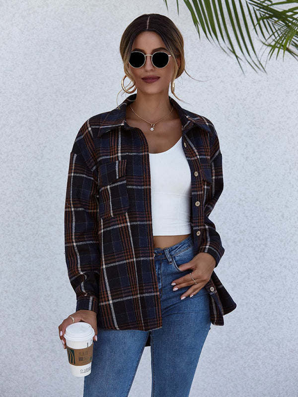 Shackets- Oversized Casual Warm Tan Plaid Shacket Flannel Shirt Jacket- - Pekosa Women Clothing