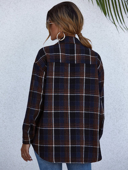 Shackets- Oversized Casual Warm Tan Plaid Shacket Flannel Shirt Jacket- - Pekosa Women Clothing