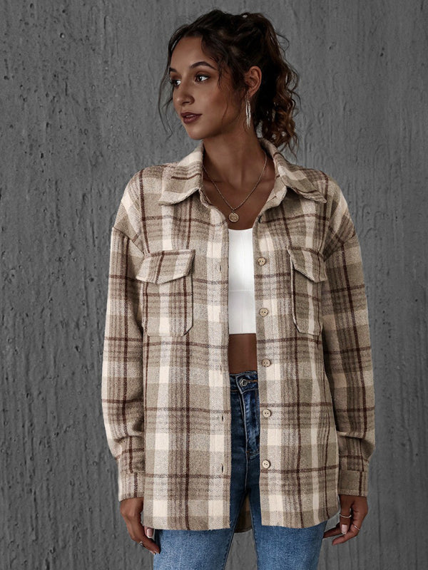 Shackets- Oversized Casual Warm Tan Plaid Shacket Flannel Shirt Jacket- - Pekosa Women Clothing