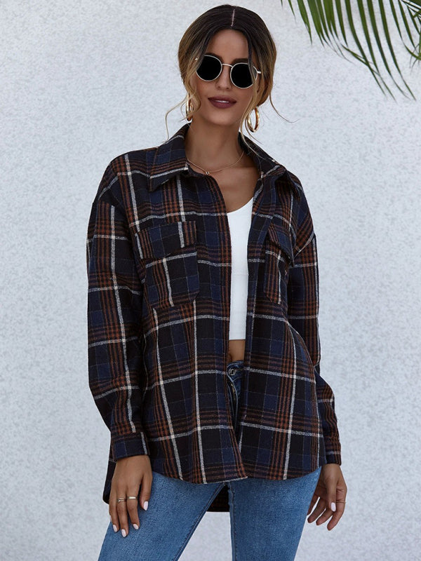 Shackets- Oversized Casual Warm Tan Plaid Shacket Flannel Shirt Jacket- - Pekosa Women Clothing