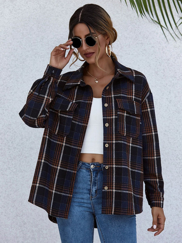 Shackets- Oversized Casual Warm Tan Plaid Shacket Flannel Shirt Jacket- - Pekosa Women Clothing