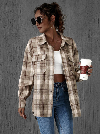 Shackets- Oversized Casual Warm Tan Plaid Shacket Flannel Shirt Jacket- - Pekosa Women Clothing