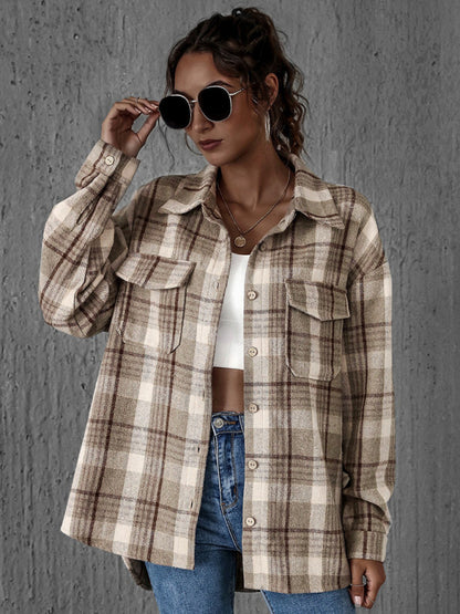 Shackets- Oversized Casual Warm Tan Plaid Shacket Flannel Shirt Jacket- - Pekosa Women Clothing