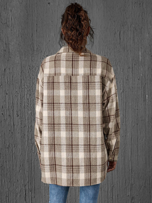 Shackets- Oversized Casual Warm Tan Plaid Shacket Flannel Shirt Jacket- - Pekosa Women Clothing