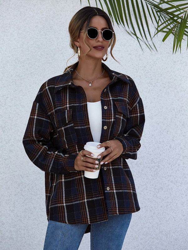 Shackets- Oversized Casual Warm Tan Plaid Shacket Flannel Shirt Jacket- Blue- Pekosa Women Clothing