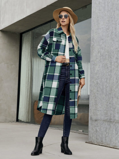 Shackets- Plaid Appeal Collared Mid-Length Shacket for Casual Gatherings- - Pekosa Women Clothing