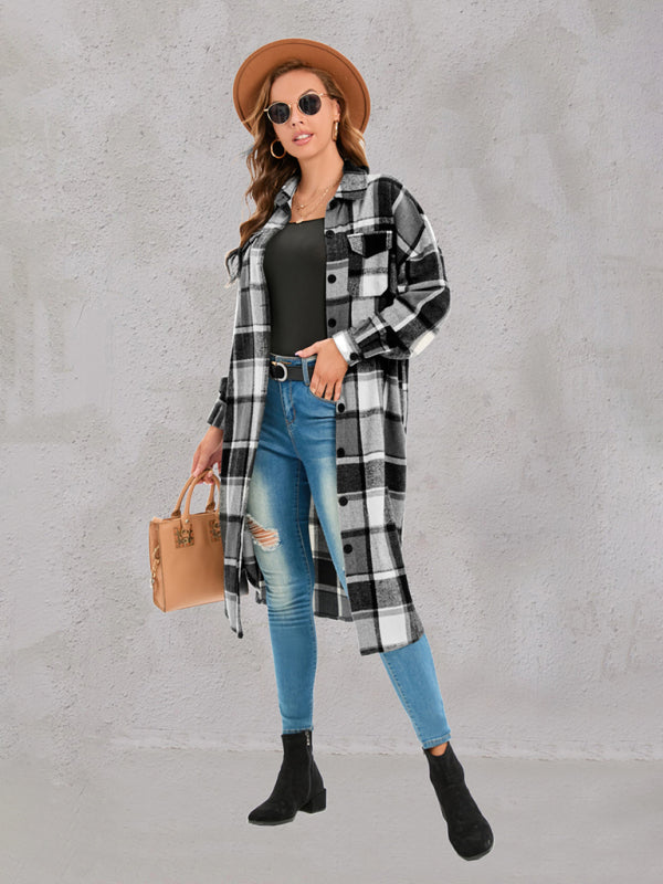 Shackets- Plaid Appeal Collared Mid-Length Shacket for Casual Gatherings- - Pekosa Women Clothing