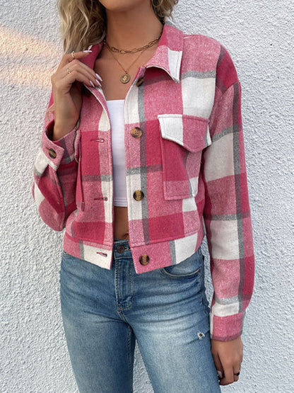 Shackets- Trendy Women's Checked Shirt Jacket - Plaid Crop Jacket- Rose- Pekosa Women Clothing