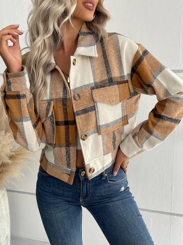 Shackets- Trendy Women's Checked Shirt Jacket - Plaid Crop Jacket- - Pekosa Women Clothing