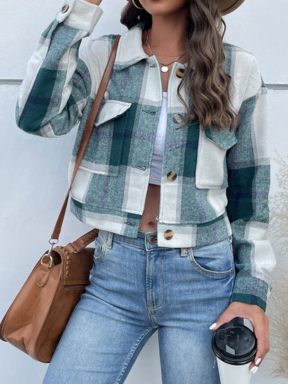 Shackets- Trendy Women's Checked Shirt Jacket - Plaid Crop Jacket- - Pekosa Women Clothing