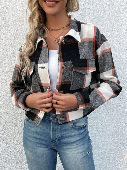 Shackets- Trendy Women's Checked Shirt Jacket - Plaid Crop Jacket- - Pekosa Women Clothing