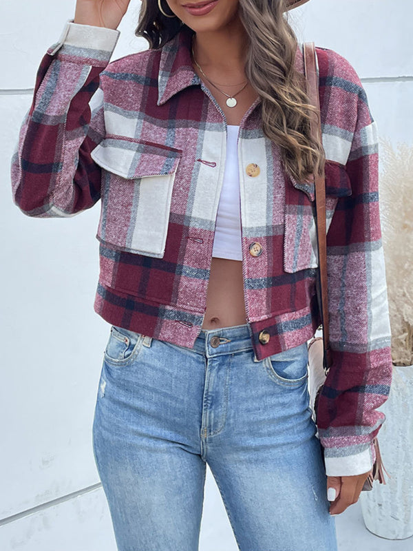 Shackets- Trendy Women's Checked Shirt Jacket - Plaid Crop Jacket- Wine Red- Pekosa Women Clothing