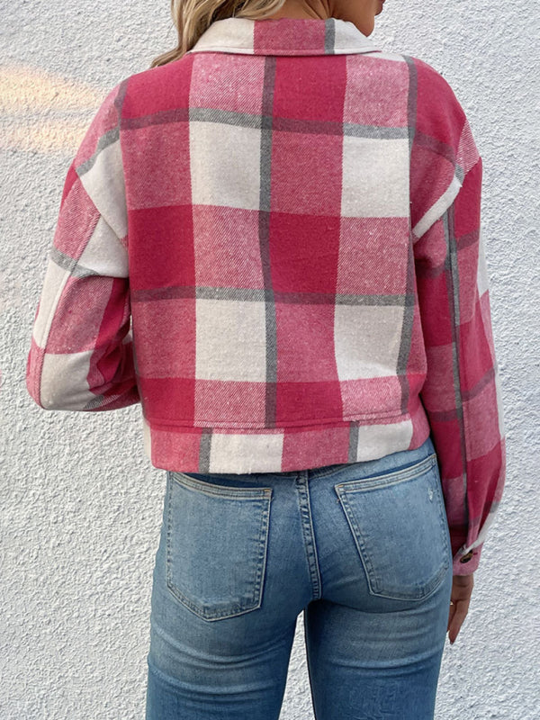 Shackets- Trendy Women's Checked Shirt Jacket - Plaid Crop Jacket- - Pekosa Women Clothing