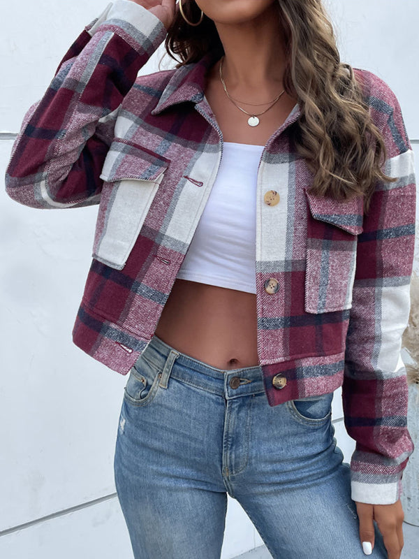 Shackets- Trendy Women's Checked Shirt Jacket - Plaid Crop Jacket- - Pekosa Women Clothing