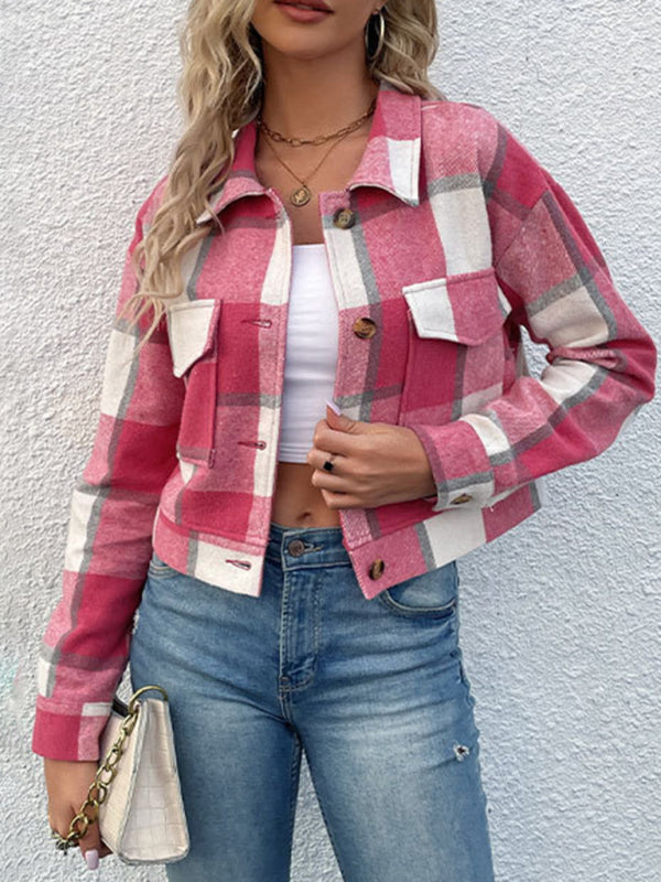 Shackets- Trendy Women's Checked Shirt Jacket - Plaid Crop Jacket- - Pekosa Women Clothing