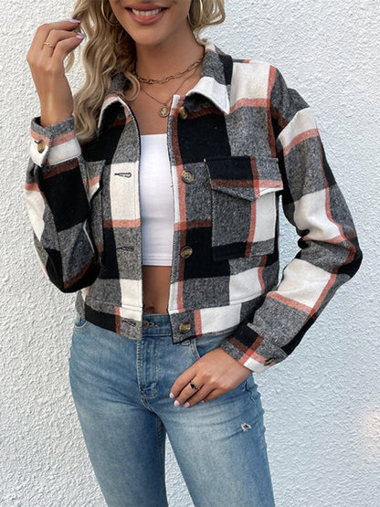 Shackets- Trendy Women's Checked Shirt Jacket - Plaid Crop Jacket- Black- Pekosa Women Clothing