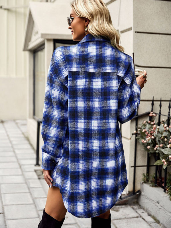 Shackets- Women’s Plaid Long Shacket - Checked Shirt Jacket with Patch Pockets- - Pekosa Women Clothing