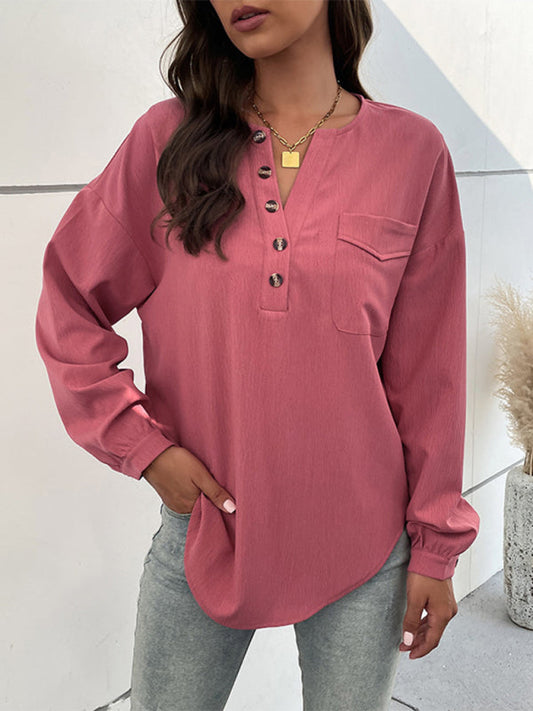 Shirt Blouses- Flounce Long Sleeve Shirt Blouse - Patch Pocket Half Button Top- Rose- Pekosa Women Clothing