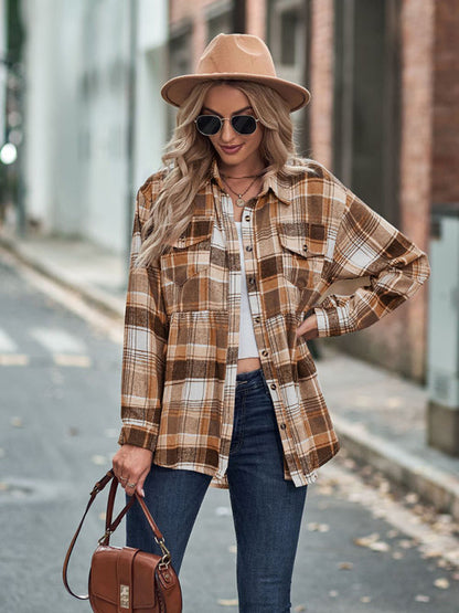 Shirt- Classic Plaid Peplum Buttoned Shirt Jacket: Lapel Collar, Long Sleeves- - Pekosa Women Clothing