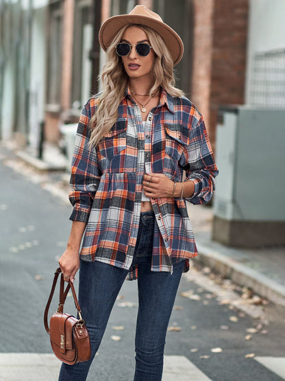 Shirt- Classic Plaid Peplum Buttoned Shirt Jacket: Lapel Collar, Long Sleeves- - Pekosa Women Clothing