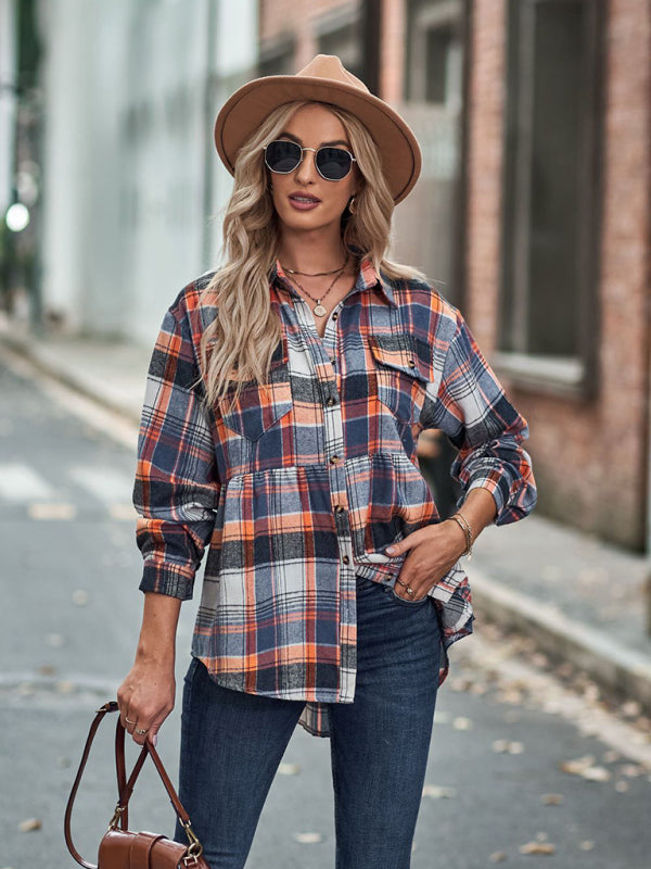 Shirt- Classic Plaid Peplum Buttoned Shirt Jacket: Lapel Collar, Long Sleeves- - Pekosa Women Clothing