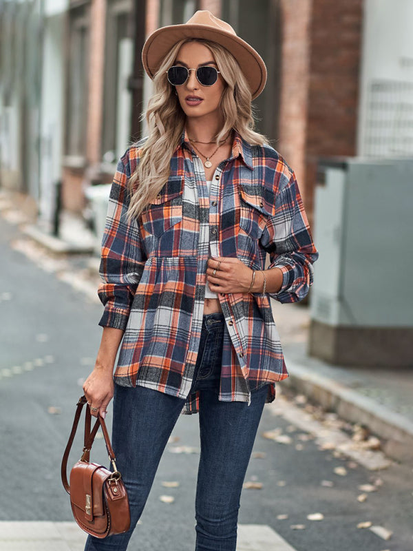 Shirt- Classic Plaid Peplum Buttoned Shirt Jacket: Lapel Collar, Long Sleeves- - Pekosa Women Clothing