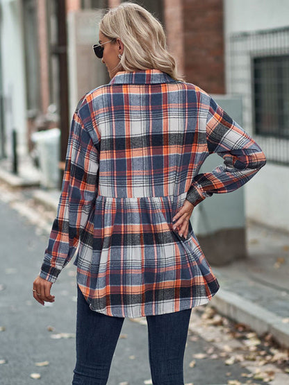 Shirt- Classic Plaid Peplum Buttoned Shirt Jacket: Lapel Collar, Long Sleeves- - Pekosa Women Clothing