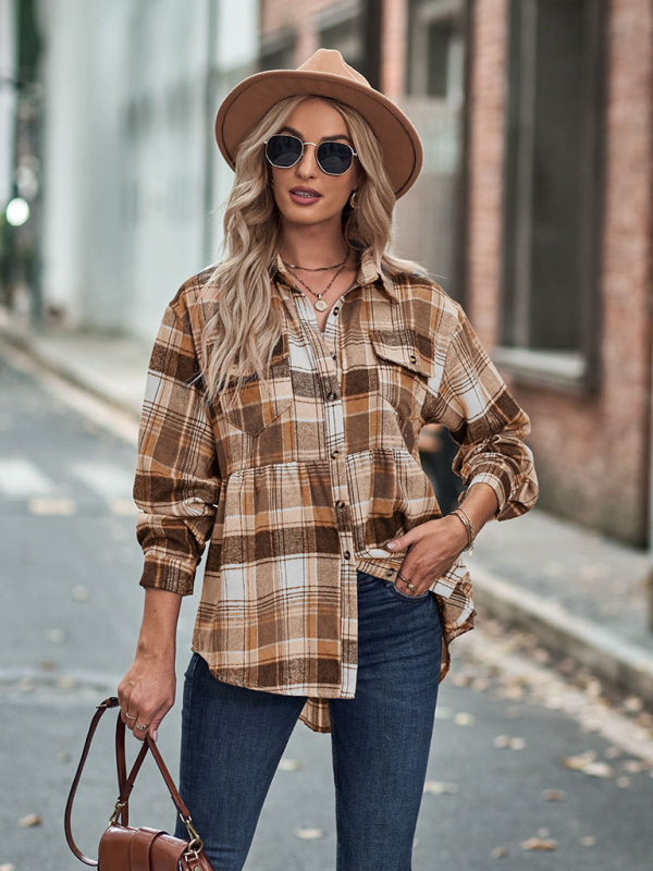 Shirt- Classic Plaid Peplum Buttoned Shirt Jacket: Lapel Collar, Long Sleeves- - Pekosa Women Clothing