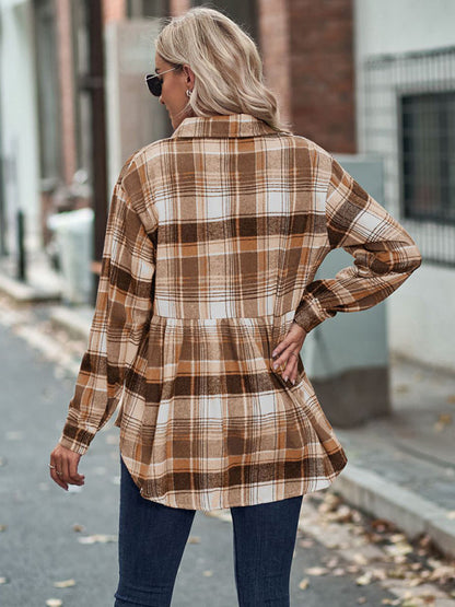 Shirt- Classic Plaid Peplum Buttoned Shirt Jacket: Lapel Collar, Long Sleeves- - Pekosa Women Clothing