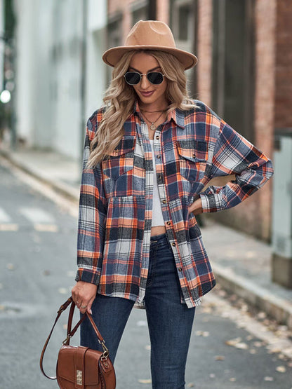 Shirt- Classic Plaid Peplum Buttoned Shirt Jacket: Lapel Collar, Long Sleeves- Brown plaid- Pekosa Women Clothing