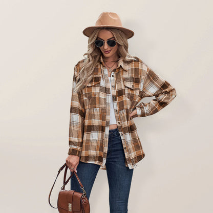 Shirt- Classic Plaid Peplum Buttoned Shirt Jacket: Lapel Collar, Long Sleeves- Orange plaid- Pekosa Women Clothing