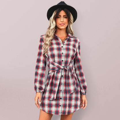 Shirt Dresses- Autumn Plaid Bowknot Waist Shirt Dress- - Pekosa Women Clothing