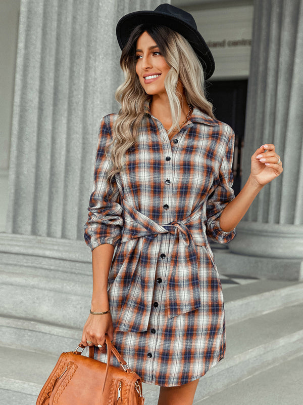 Shirt Dresses- Autumn Plaid Bowknot Waist Shirt Dress- - Pekosa Women Clothing