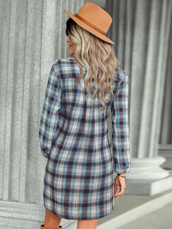 Shirt Dresses- Autumn Plaid Bowknot Waist Shirt Dress- - Pekosa Women Clothing