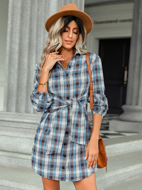 Shirt Dresses- Autumn Plaid Bowknot Waist Shirt Dress- - Pekosa Women Clothing