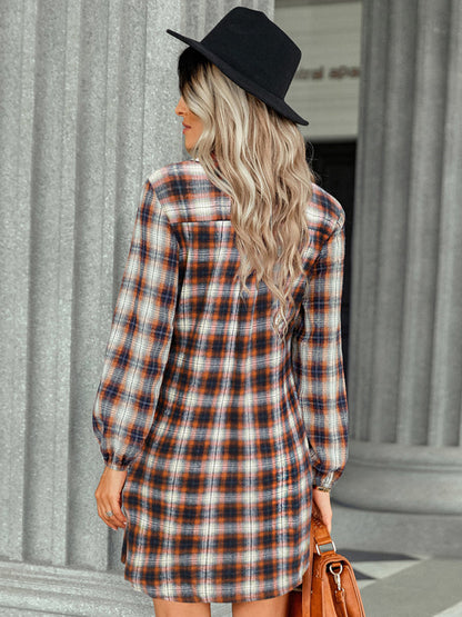 Shirt Dresses- Autumn Plaid Bowknot Waist Shirt Dress- - Pekosa Women Clothing