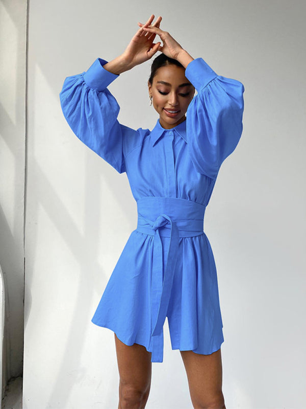 Shirt Dresses- Belt-Tie Solid Mini Dress with Balloon Sleeves- - Pekosa Women Clothing