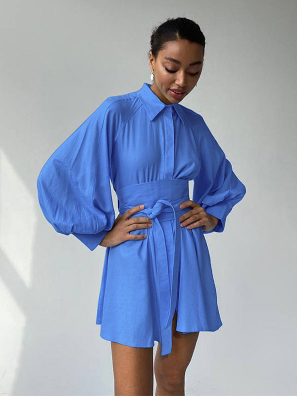 Shirt Dresses- Belt-Tie Solid Mini Dress with Balloon Sleeves- - Pekosa Women Clothing