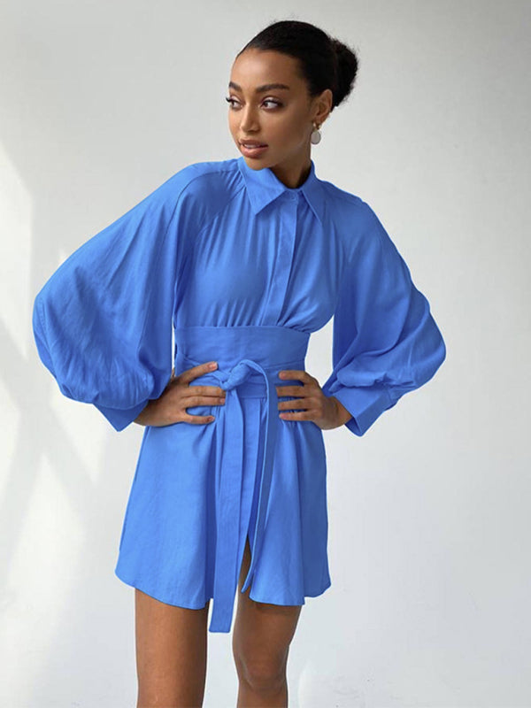 Shirt Dresses- Belt-Tie Solid Mini Dress with Balloon Sleeves- - Pekosa Women Clothing