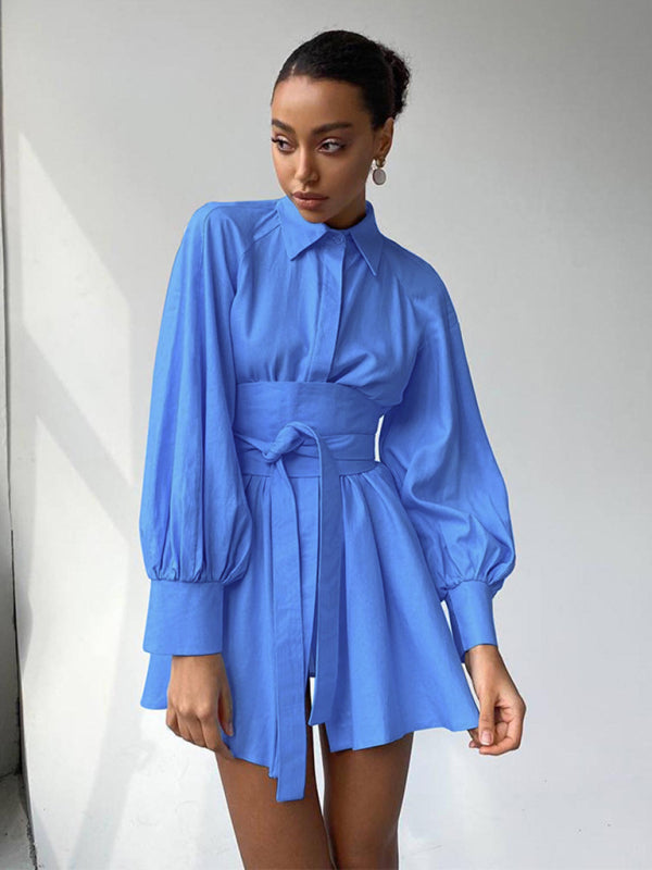 Shirt Dresses- Belt-Tie Solid Mini Dress with Balloon Sleeves- - Pekosa Women Clothing