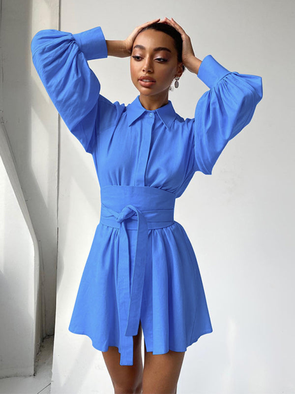 Shirt Dresses- Belt-Tie Solid Mini Dress with Balloon Sleeves- Blue- Pekosa Women Clothing