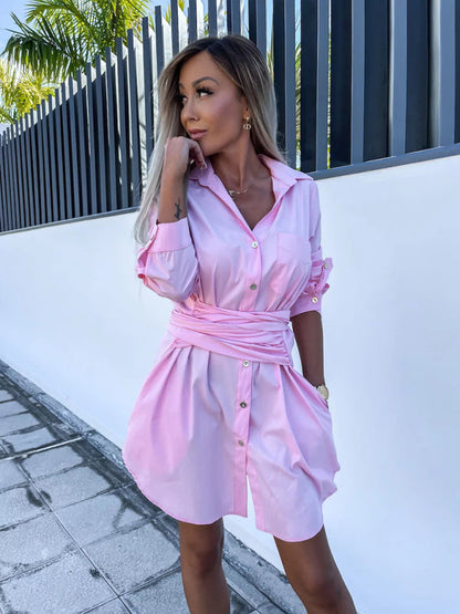 Shirt Dresses- Belted Button-Up Shirt Dress in Solid Cotton with Roll-Up Sleeves- Pink- Pekosa Women Clothing