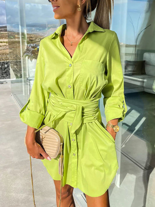 Shirt Dresses- Belted Button-Up Shirt Dress in Solid Cotton with Roll-Up Sleeves- GreenYellow- Pekosa Women Clothing