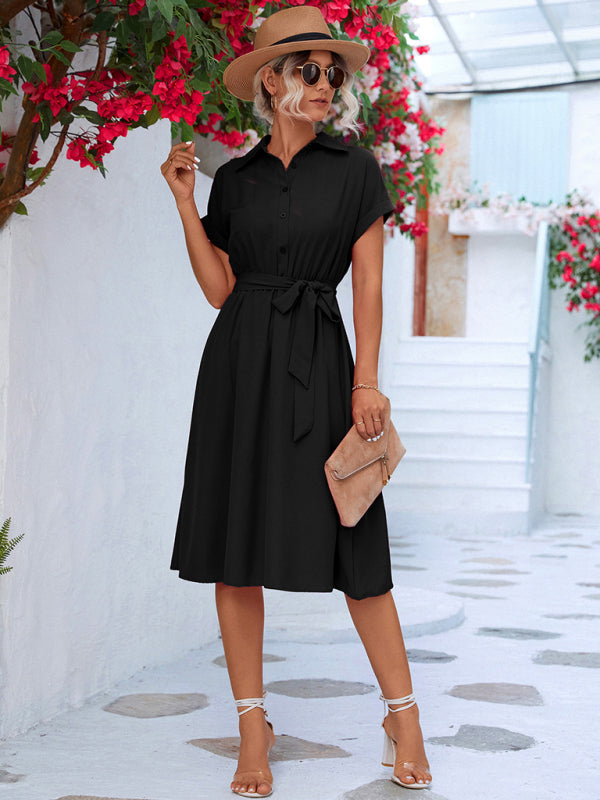 Shirt Dresses- Button Down A-Line Shirt Dress with Belt Tie & Flowy Skirt- Black- Pekosa Women Clothing