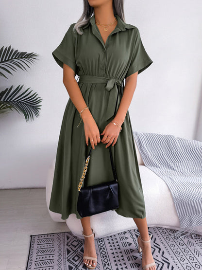 Shirt Dresses- Casual Elegance Solid Button Down Belt Tie Shirt Dress- - Pekosa Women Clothing