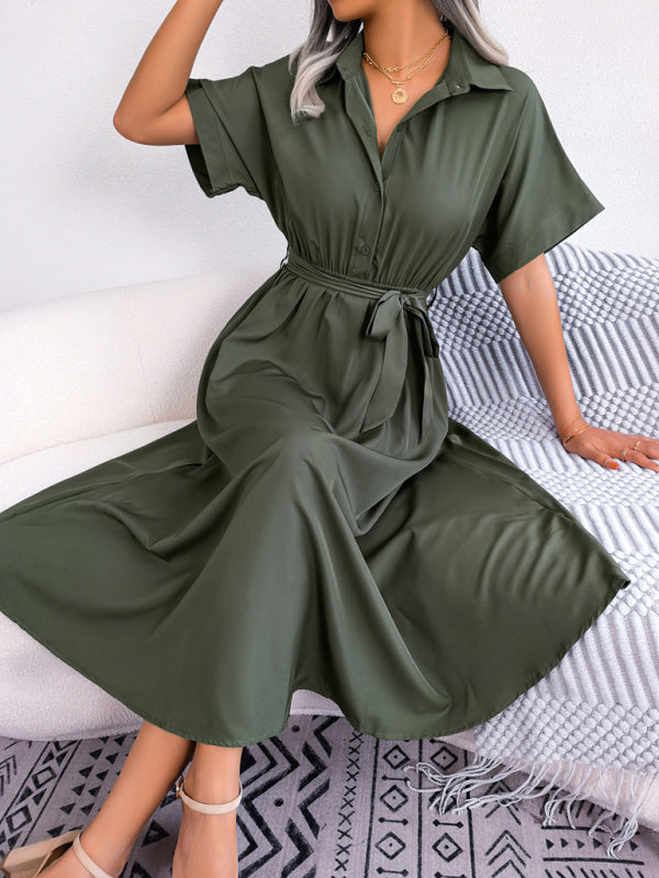 Shirt Dresses- Casual Elegance Solid Button Down Belt Tie Shirt Dress- - Pekosa Women Clothing