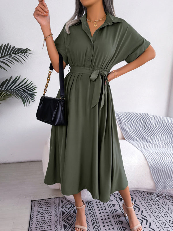 Shirt Dresses- Casual Elegance Solid Button Down Belt Tie Shirt Dress- - Pekosa Women Clothing