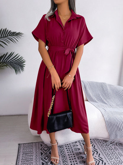 Shirt Dresses- Casual Elegance Solid Button Down Belt Tie Shirt Dress- - Pekosa Women Clothing